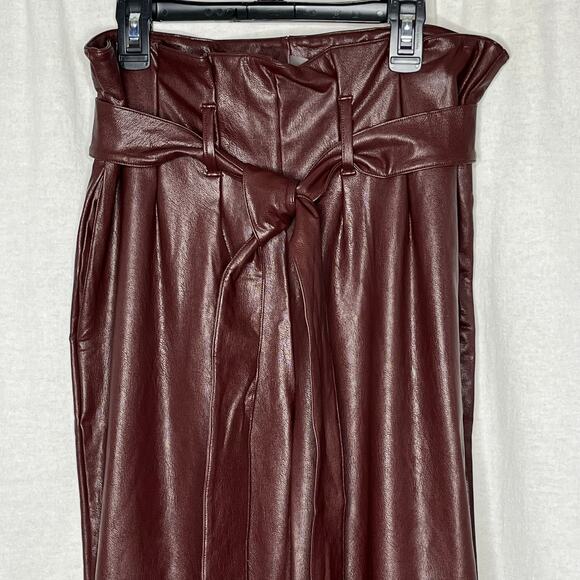 Commando Brown Faux Leather Paperbag Waist Pants NWT Medium Oxblood Color Lined - Picture 4 of 15